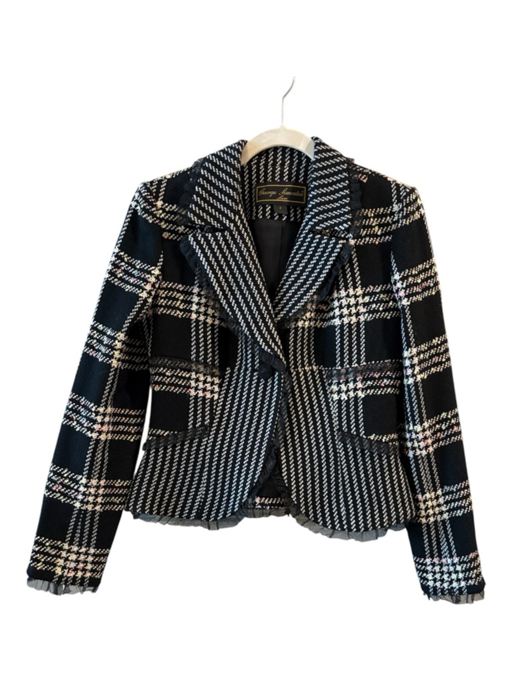 George Simonton Luxe Plaid Blazer Size 4 Black White Tailored Career Jacket